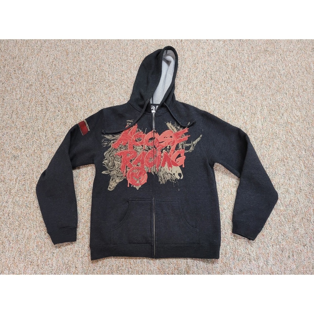 Moose Racing Zip Hoodie Mens Medium Gray Graphic Motocross Sweatshirt Biker Moto